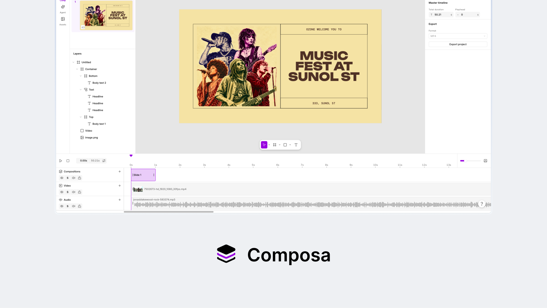 Composa editor with a music festival composition, media timeline, and Composa wordmark