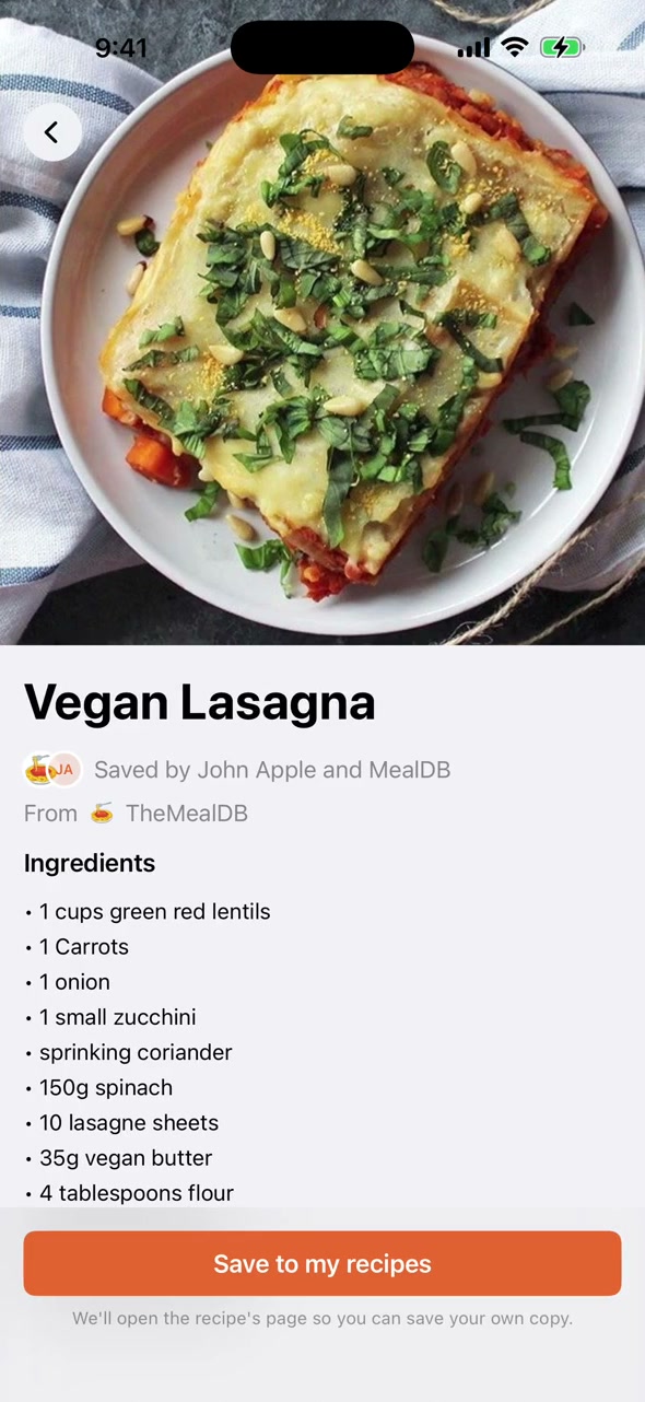 Public Vegan Lasagna recipe showing Saved by John Apple and MealDB, and From TheMealDB