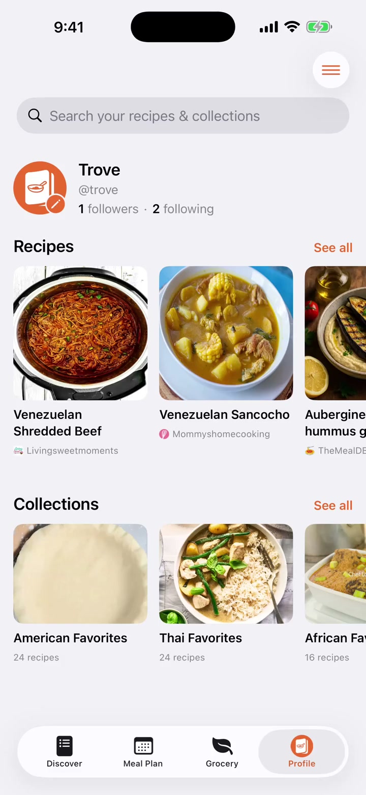 Trove profile showing the person's recipes, collections, followers, and following